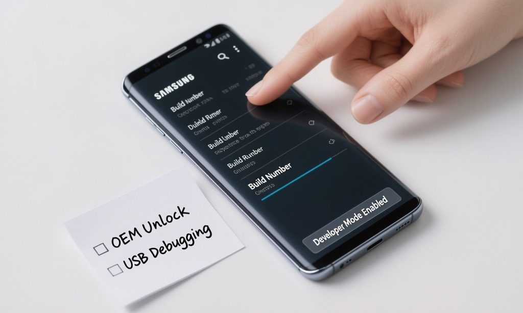نمای نزدیک از فعال سازی گزینه های توسعه دهنده و USB Debugging روی تنظیمات گوشی سامسونگ به عنوان پیش نیاز ترمیم سریال.